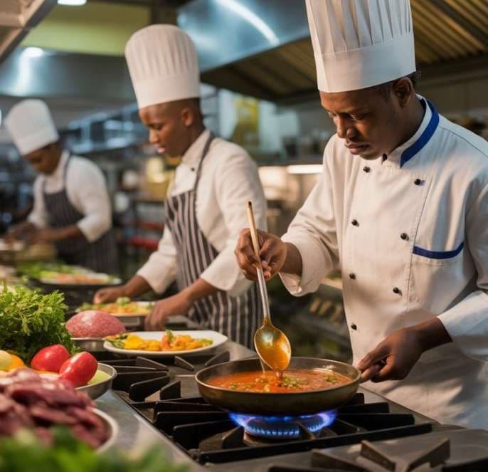 Professional chefs working in an LPG-powered commercial kitchen
