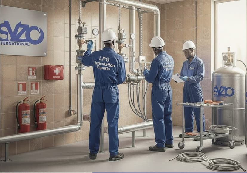 Syzo LPG engineers inspecting a centralized reticulation installation in Kenya